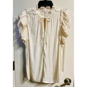 Stella + Ginger Ivory Solid V-Neck Tie Neck Ruffle Lace Flutter Blouse 1X Plus